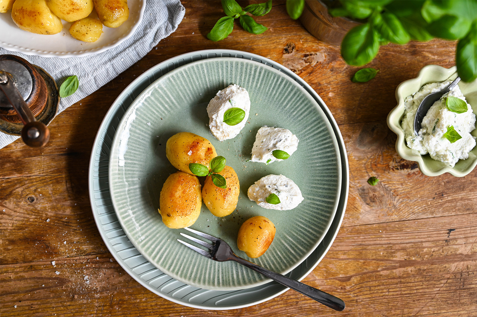 Frühkartoffel mit Basilikum-Frischkäse-Nocken